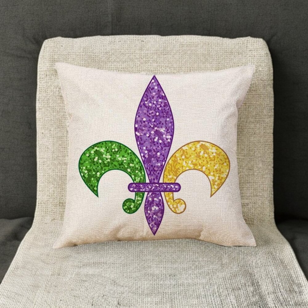 Mardi Gras Pillow Cover Decorative Throw Case Fleur De Lis Accent Decor 18x18 - Picture 4 of 6